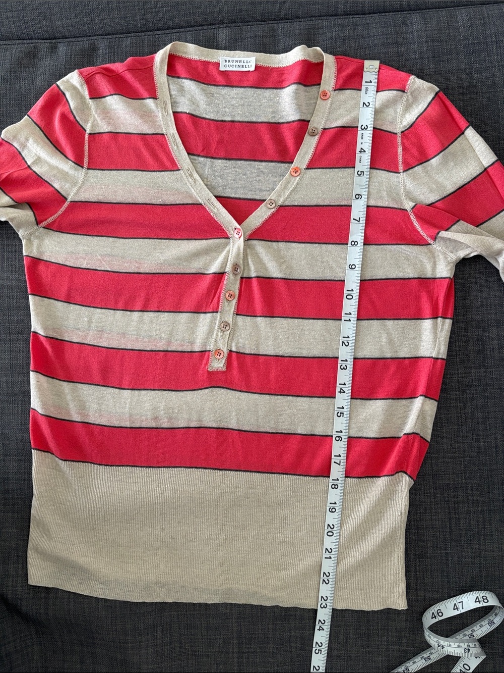 Brunello Cucinelli Striped Red and Beige Button-Front Cardigan - Picture 8 of 9